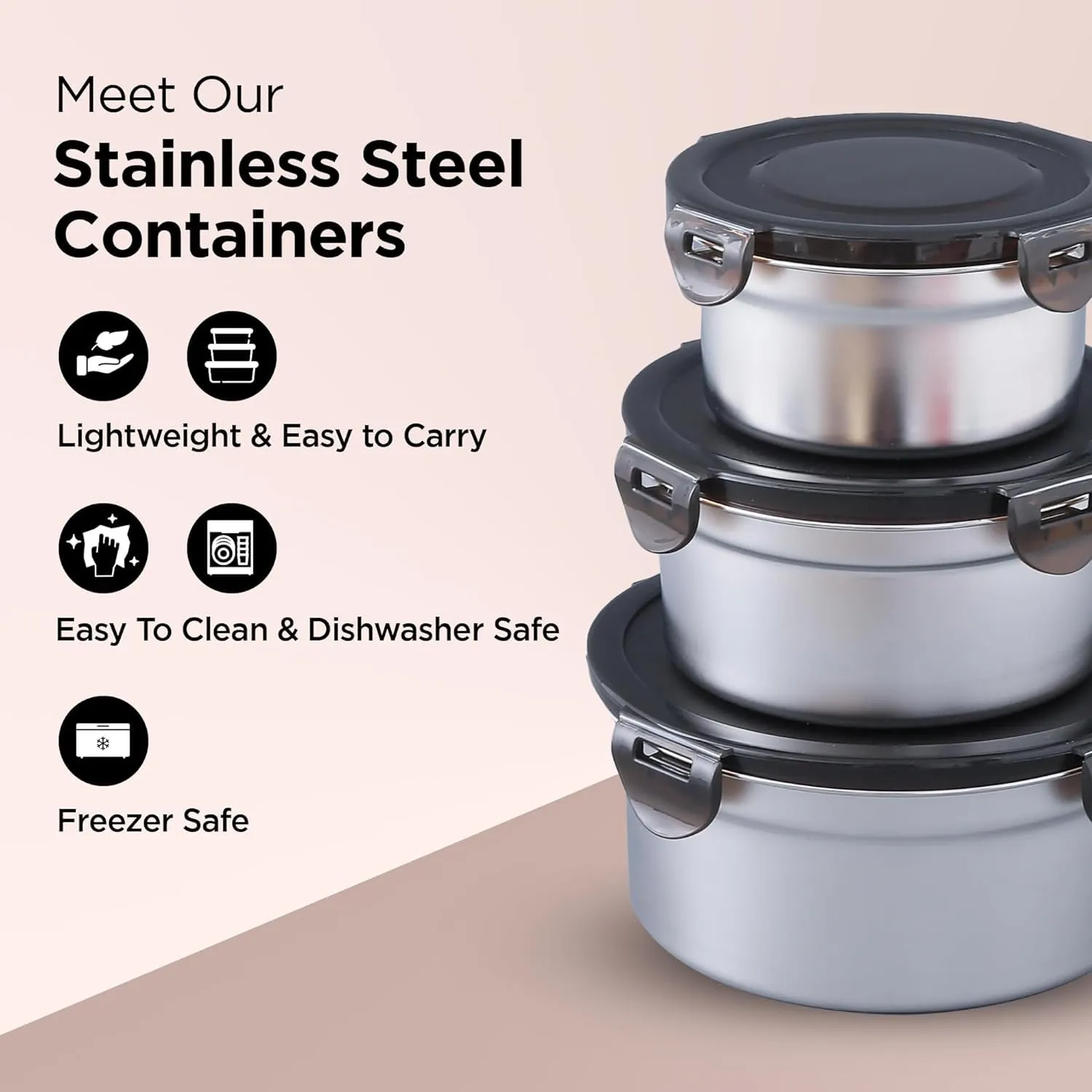 Homestic Stainless Steel Kitchen Containers With Lid Set of 3-350ml, 550ml & 850ml | Multipurpose Air Tight Food Storage Containers, Kitchen Organizer And Lunch Boxes For Office/School/College