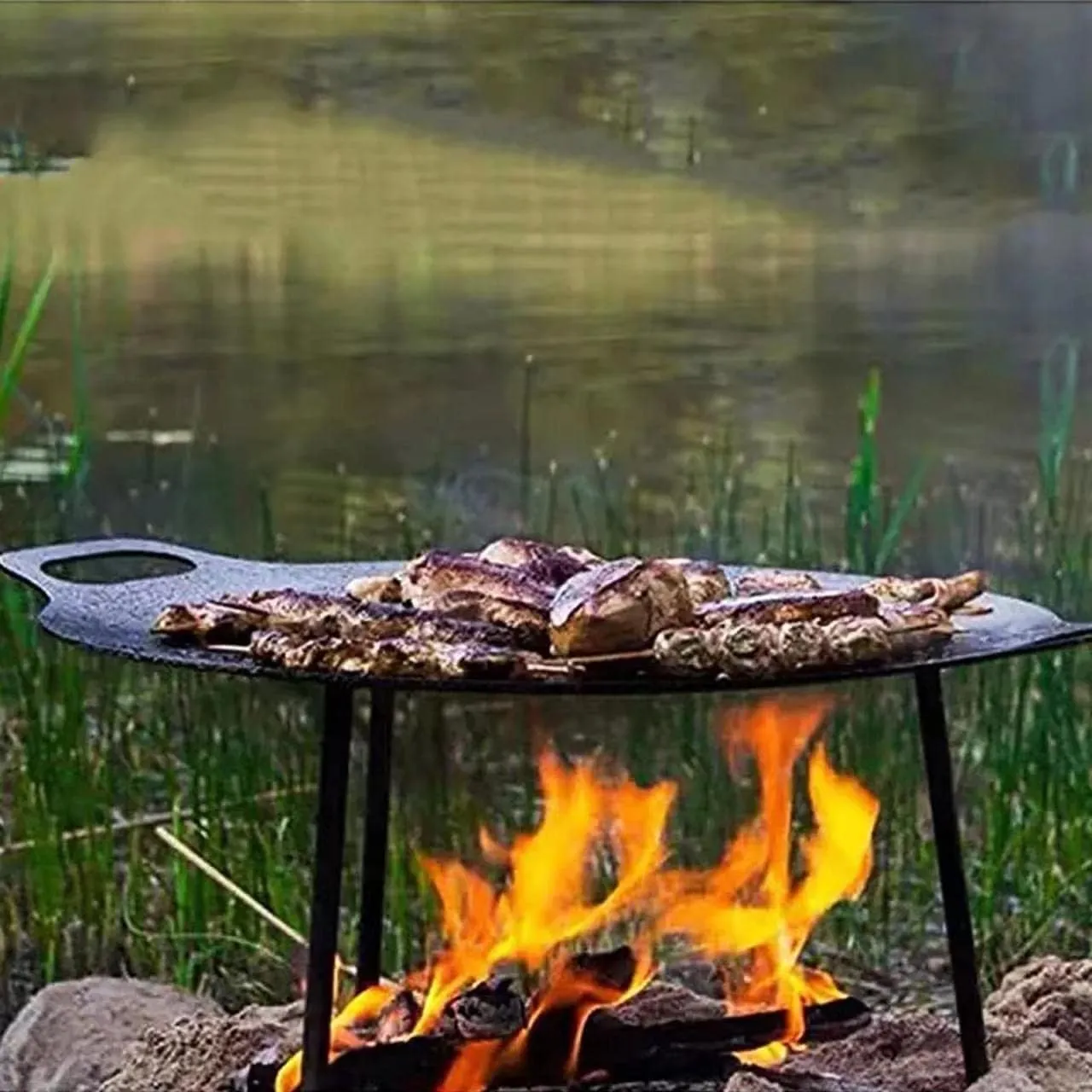 Keleday 15-Inch Pre-Seasoned Carbon Steel Korean BBQ Grill Pan with Detachable Legs – Flat Pan and Camping Griddle for Stove Top Cooking.