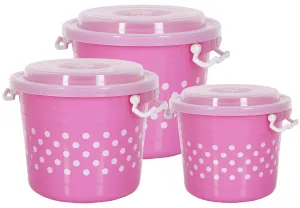 Kuber Industries Dots Design Virgin Plastic 3 Pieces Multipurpose Kitchen Storage Container with Side Lock-Handle,6 Ltrs,11 Ltrs,16 Ltrs (Pink) - CTKTC034831