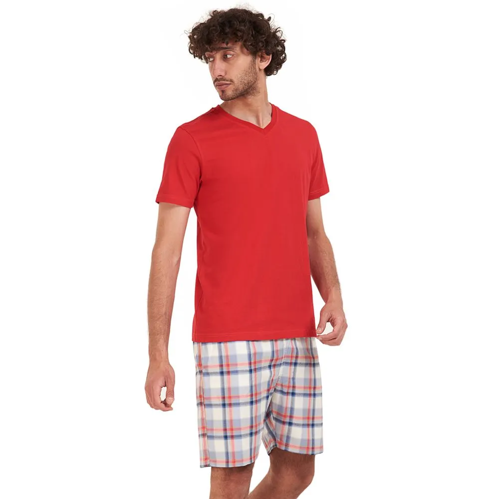 Men summer pajama set Red t-shirt   Red x Dark blue checkered shorts