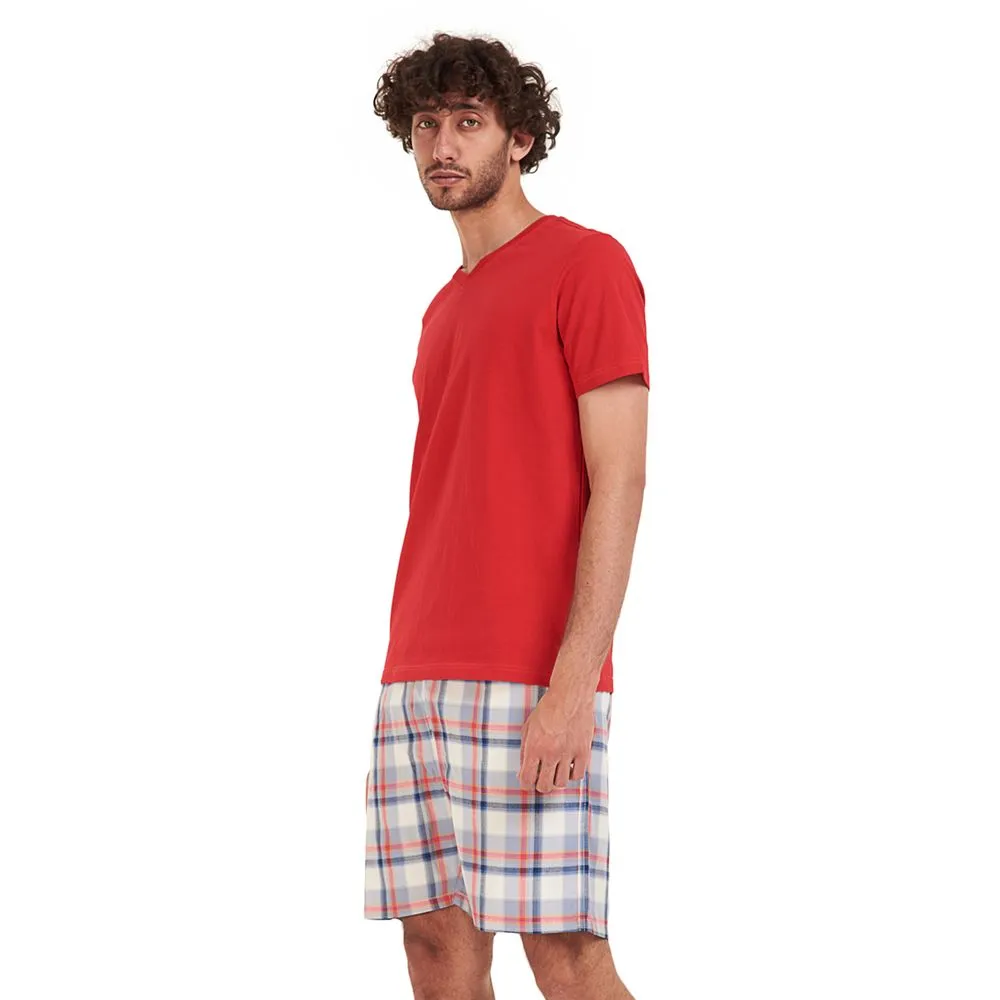 Men summer pajama set Red t-shirt   Red x Dark blue checkered shorts