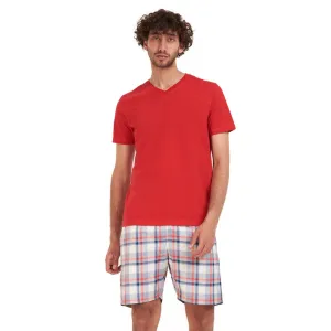 Men summer pajama set Red t-shirt   Red x Dark blue checkered shorts