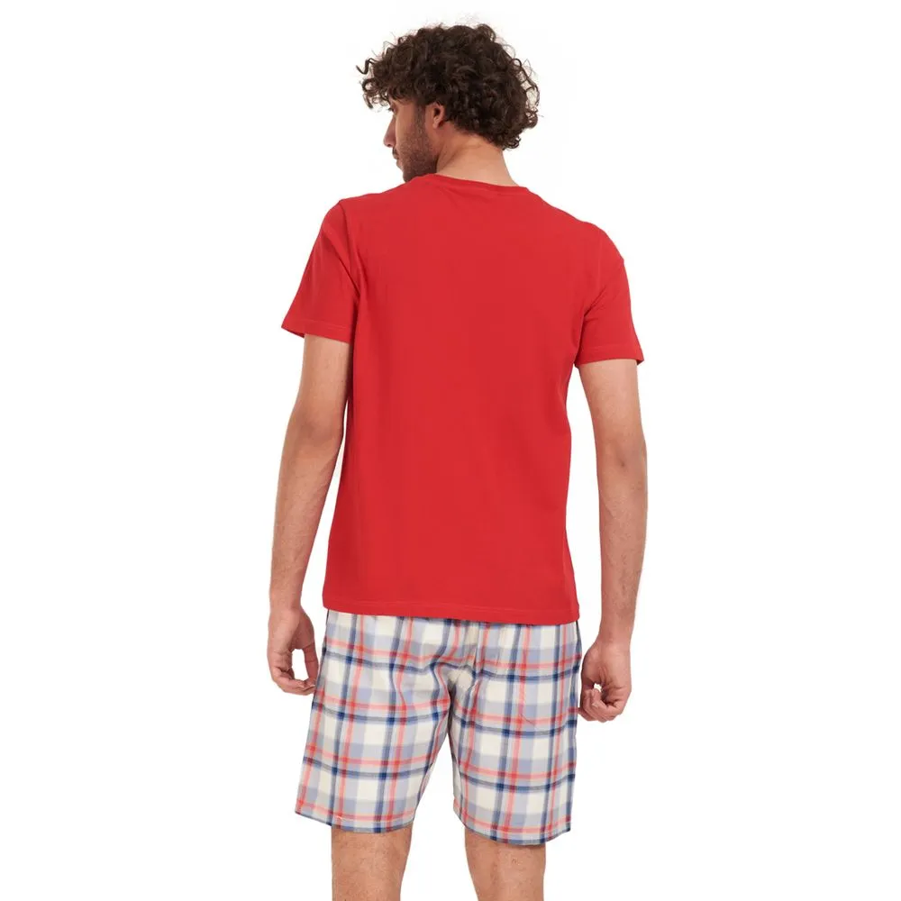 Men summer pajama set Red t-shirt   Red x Dark blue checkered shorts