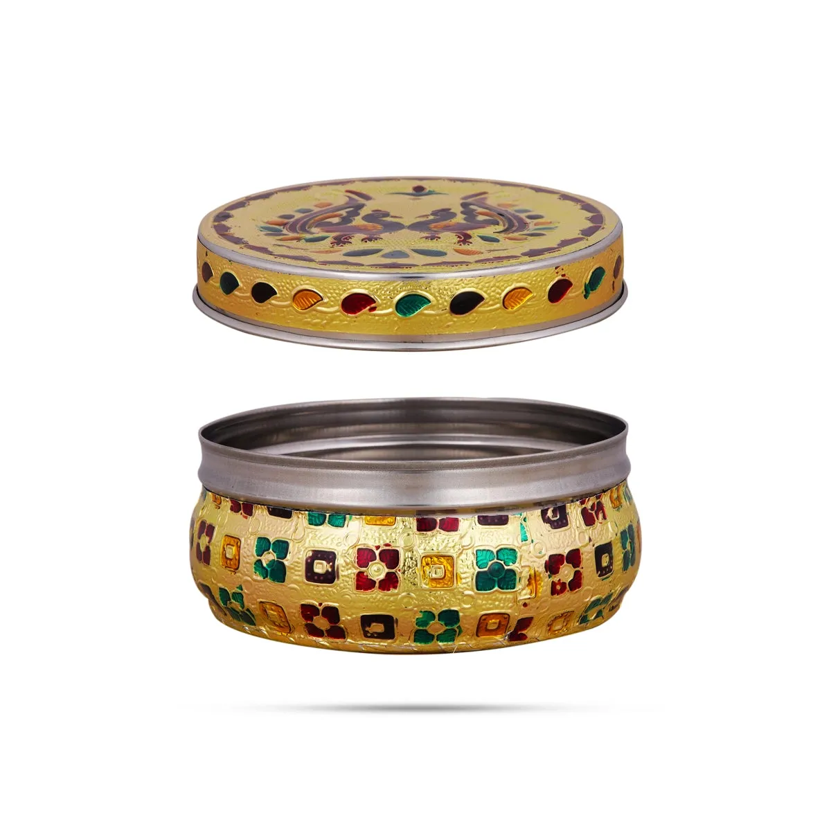 Pooja Box - 2.5 x 4.5 Inches | Gold Meenakari Design Storage Box/ Stainless Steel Jewellery Box for Pooja