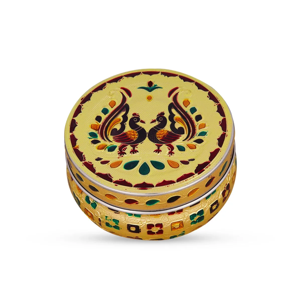 Pooja Box - 2.5 x 4.5 Inches | Gold Meenakari Design Storage Box/ Stainless Steel Jewellery Box for Pooja