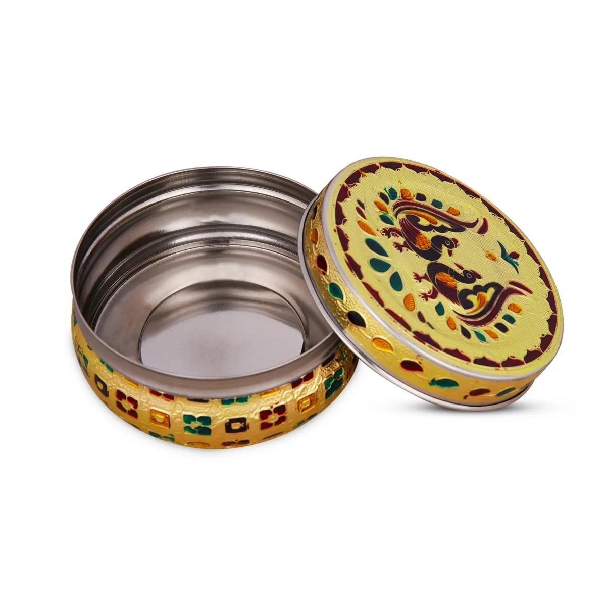 Pooja Box - 2.5 x 4.5 Inches | Gold Meenakari Design Storage Box/ Stainless Steel Jewellery Box for Pooja