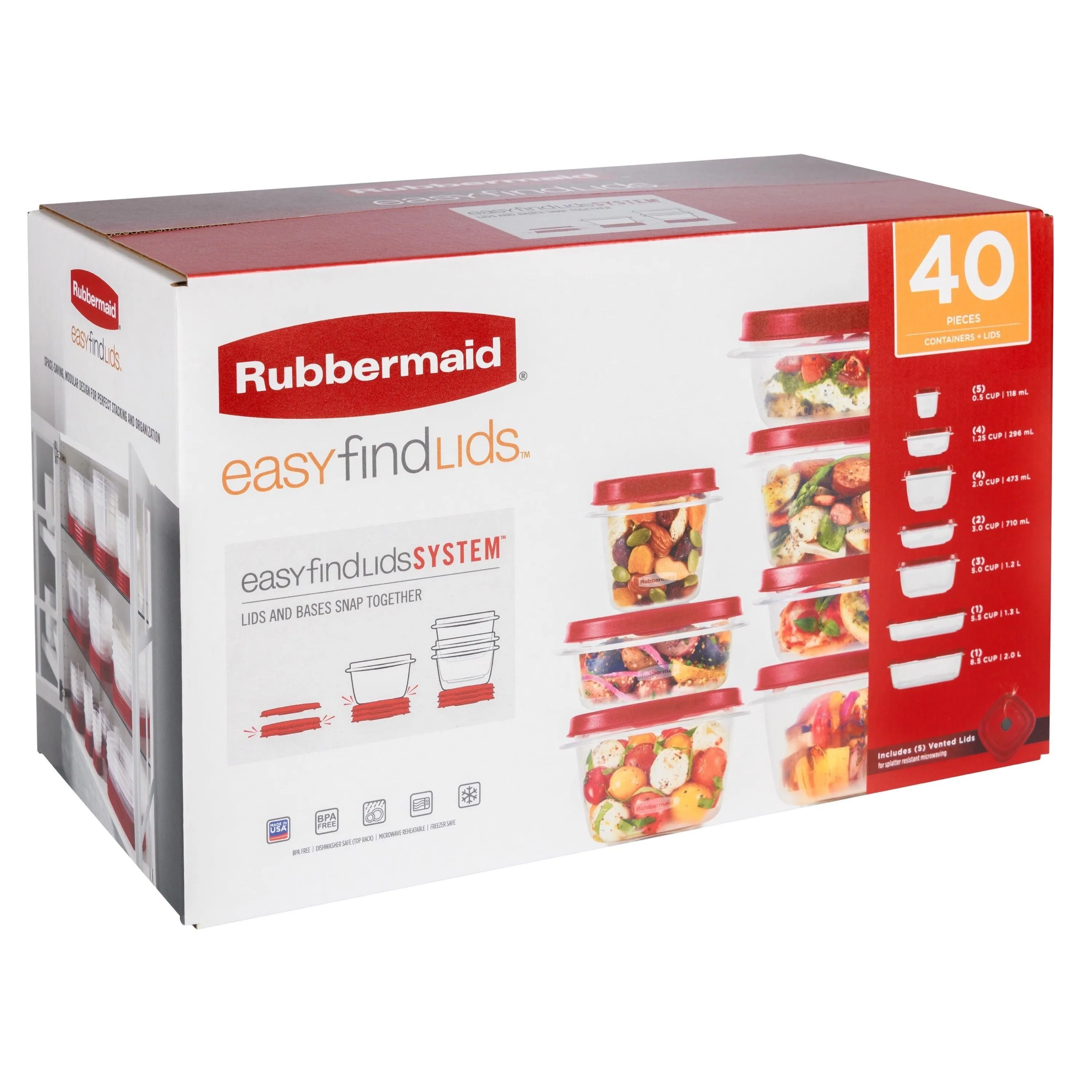 Rubbermaid EasyFindLids 40 Piece Food Storage Containers with Vented Lids Variety Set, Red