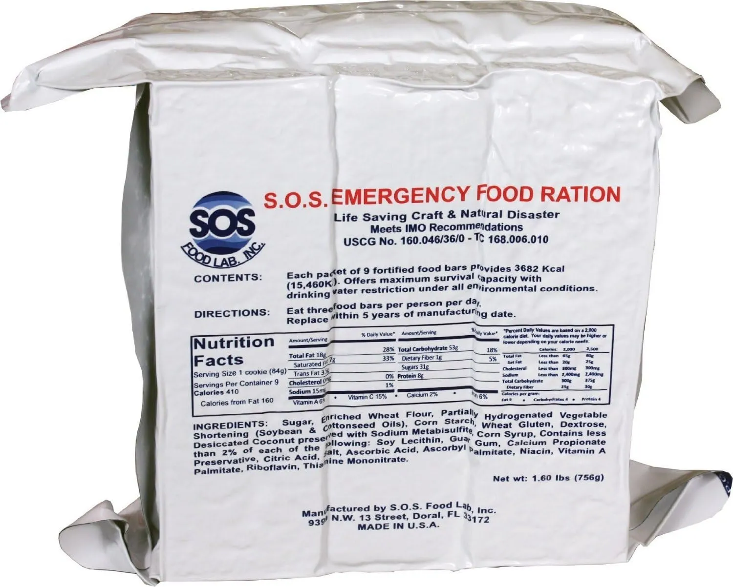 S.O.S. Rations Emergency 3600 Calorie Food Bar - 3 Day / 72 Hour Package with 5 Year Shelf Life